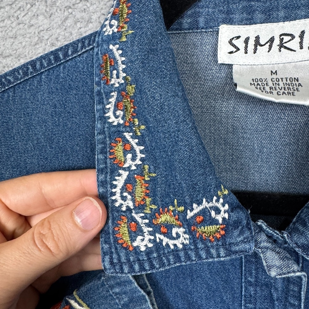 VTG Simrin Top Womens M Blue Denim Embroidered Floral Boho Cowgirl Ranch Prairie - Picture 4 of 11